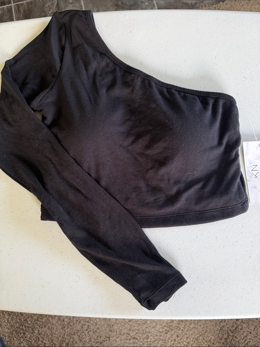 Klassy Network Cropped Black One-Shoulder Ribbed Top Long Sleeve